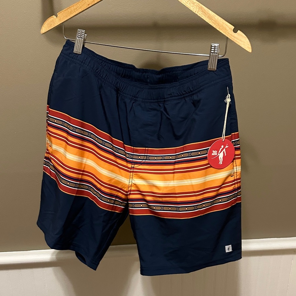 Men's Navy and Orange Striped Board Shorts
